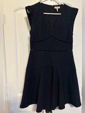 Rebecca Taylor Dark Navy Textured V-Neck Fit & Flare Dress